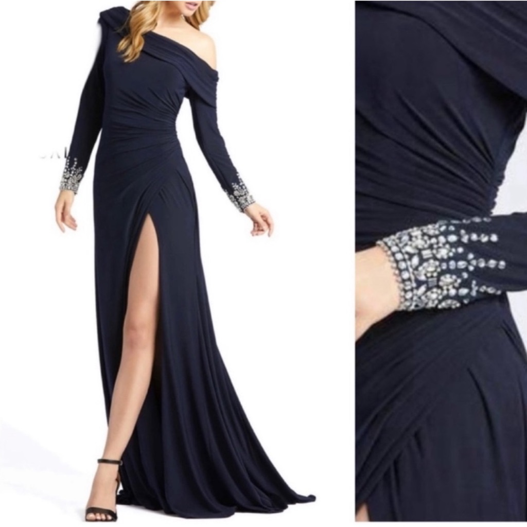 Mac Duggal Midnight Navy Blue New Asymmetric Jeweled Evening Gown New Size 6